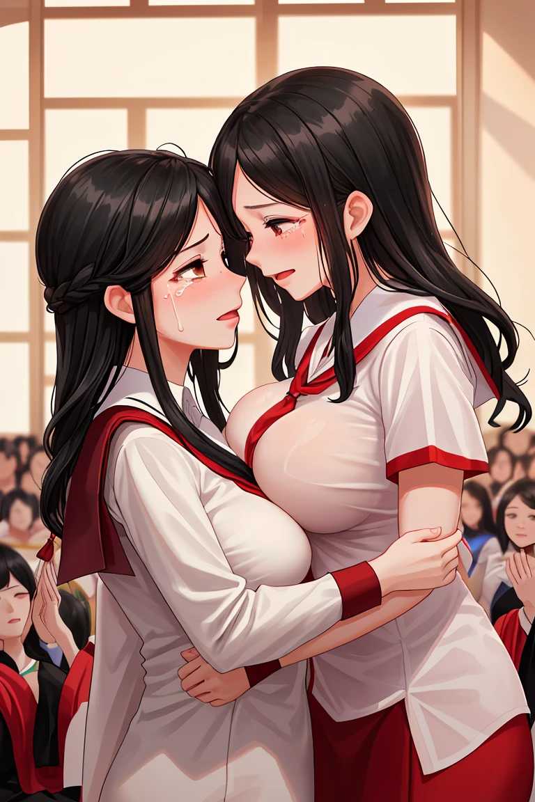 Beauty mother-in-law Black Hair Mother and daughter have beautiful breasts Graduation Ceremony Both mother and daughter are holding back tears.