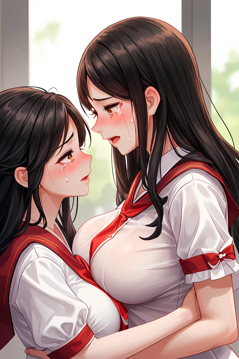 Beauty mother-in-law Black Hair Mother and daughter have beautiful breasts Graduation Ceremony Both mother and daughter are holding back tears.