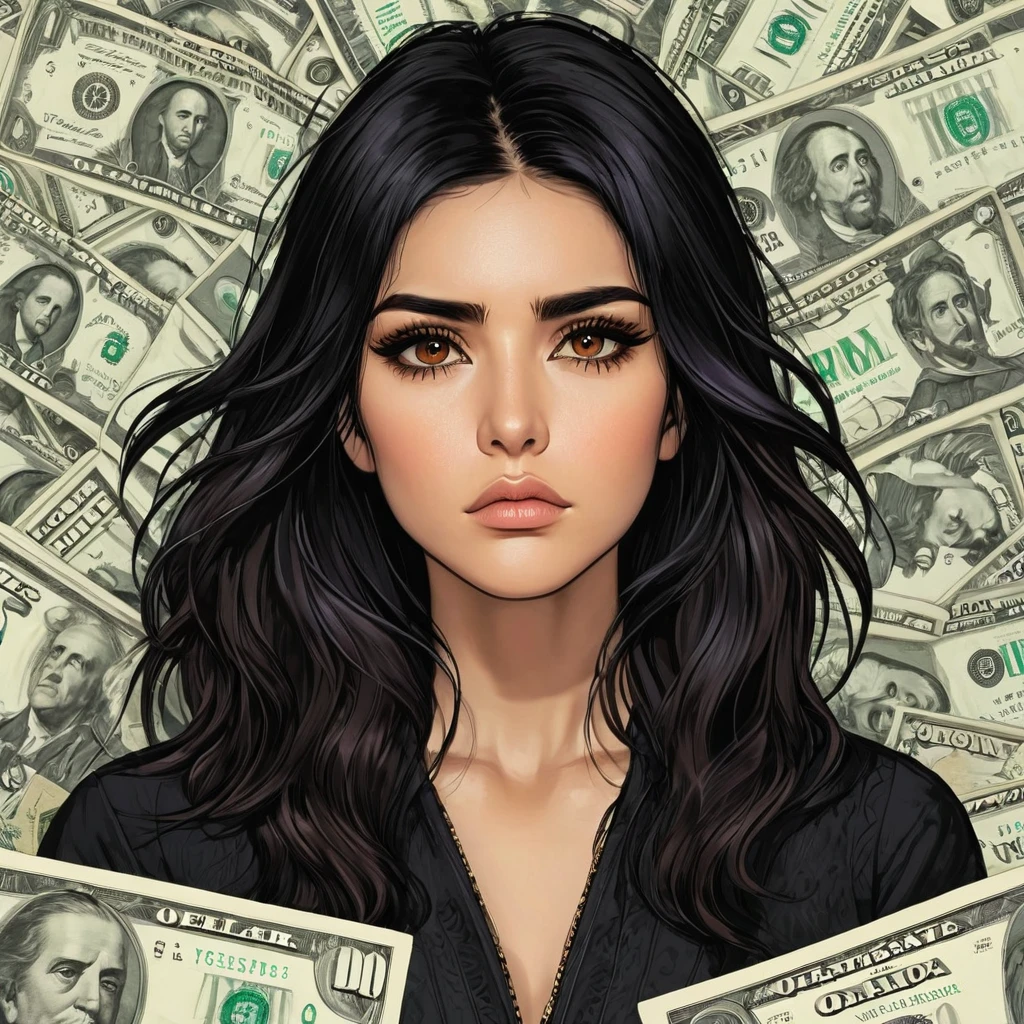 bearded woman, black hair, brown eyes, eyeliner, counts her tired of dollar bills