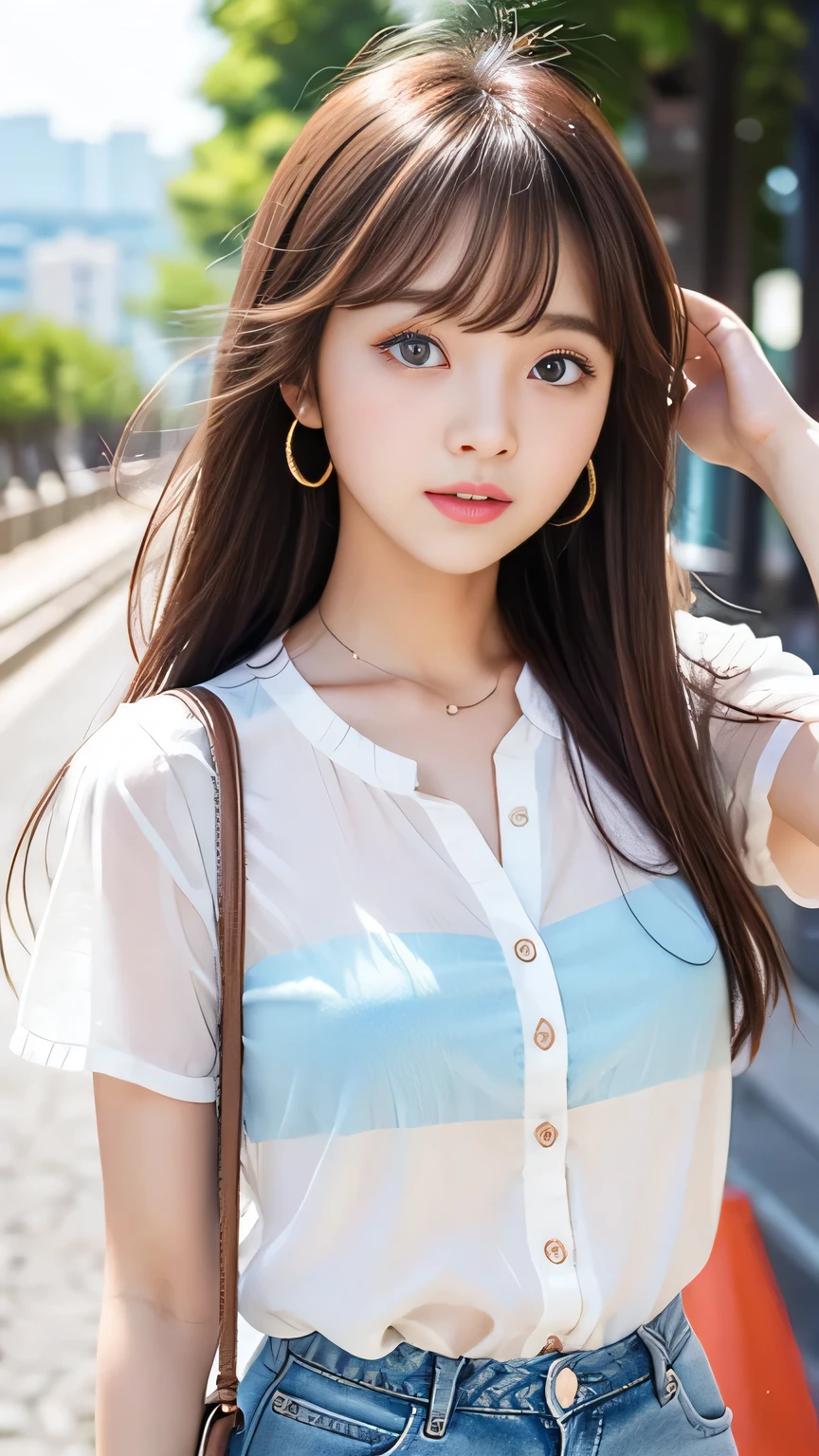 Sunburn marks on tanned skin、blush、Multicolored hair color、Bangs on the face、Bangs between the eyes、Super long hair、Beautiful bright transparent light blue big eyes that are charming and shining、A cute 16-year-old girl with a cute look, A strong wind blows my hair in front of my face、Beautiful big sparkling eyes, Cute eyes hidden by long bangs、Yawn、No visible nasolabial folds、A short, light-colored miniskirt、A cute and colorful summer shirt、Korean Beauty、Dark blush on the cheeks
