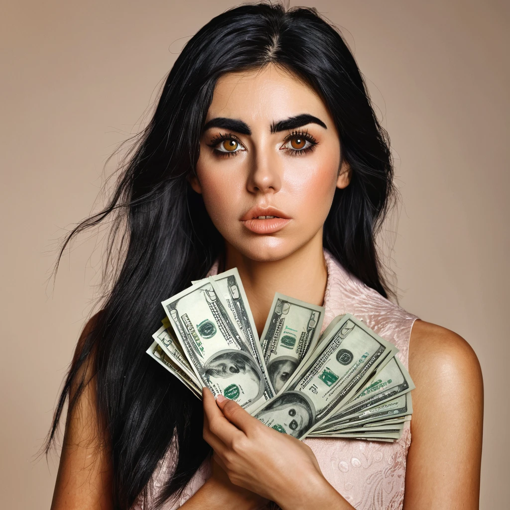 bearded woman, black hair, brown eyes, eyeliner, counts her tired of dollar bills