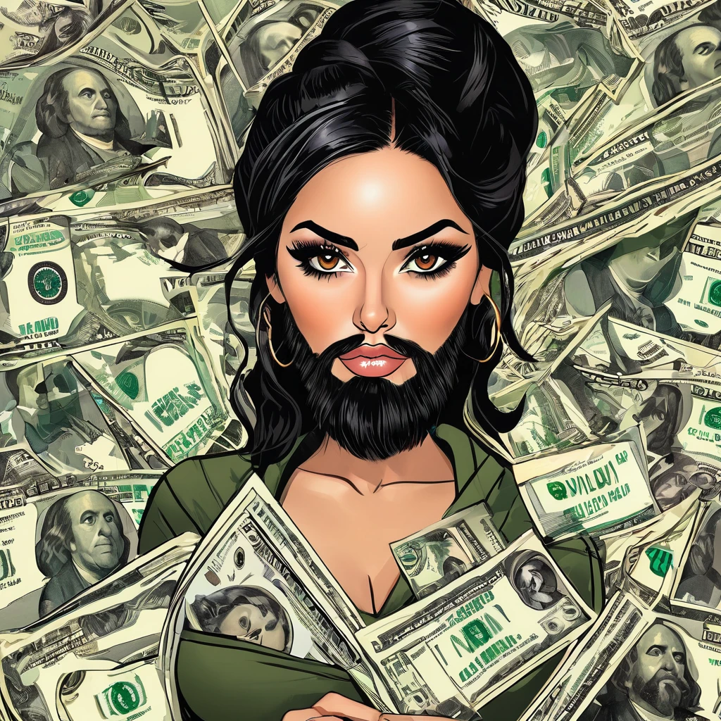 bearded woman, black hair, brown eyes, eyeliner, counts her tired of dollar bills