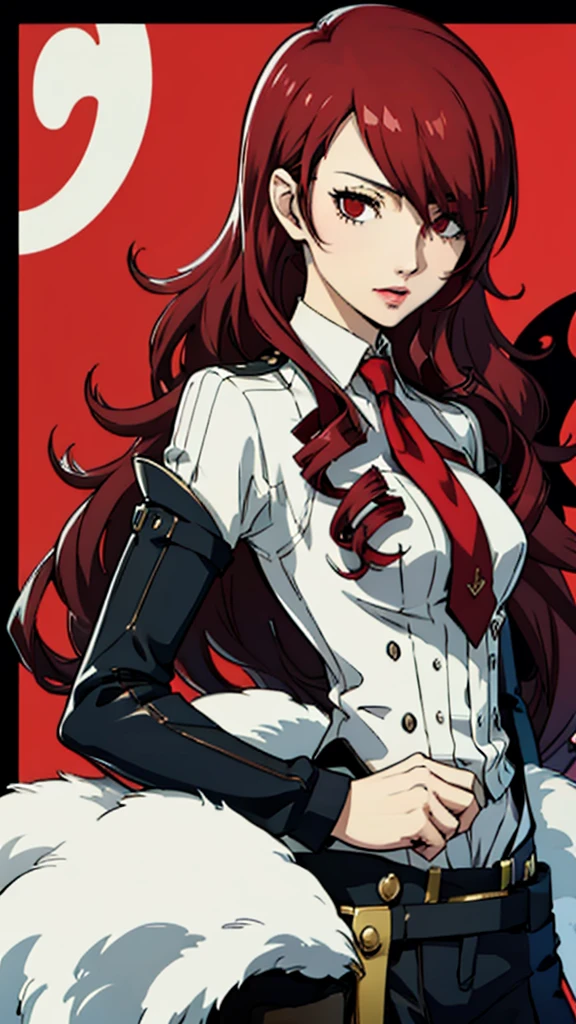 1 girl, Mitsuru kirijo, face portrait,, black suit black suit, tie, red eyes, long hair, hair over one eye , hair over one eye