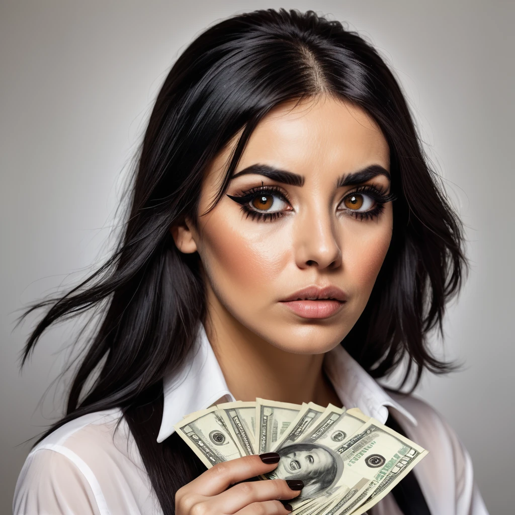 bearded woman, black hair, brown eyes, eyeliner, counts her tired of dollar bills
