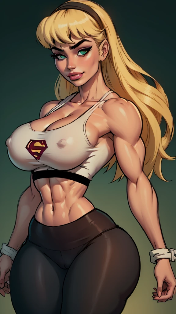 WITH YOUR BACK TO THE CAMERA,((ultra quality)), ((masterpiece)), supes, cute smile, smile, ((long blonde hair)), (Beautiful face), (beautiful female lips), (), charming, ((y facial expression)), (white skin color), (white skin), glare on the body, ((detailed beautiful female eyes)), ((dark brown eyes)), (juicy female lips), (dark eyeliner), (tank top, midriff, ), (((headband))), (((leggings))), wide eyebrows, abs, slanted green eyes, makeup eyelids, big cheekbones, thin cheeks, defined jaw, (beautiful female hands), ((ideal female figure)), ideal female body, beautiful waist, gorgeous thighs, beautiful huge breleavage,(and beautiful)), sexy worth
