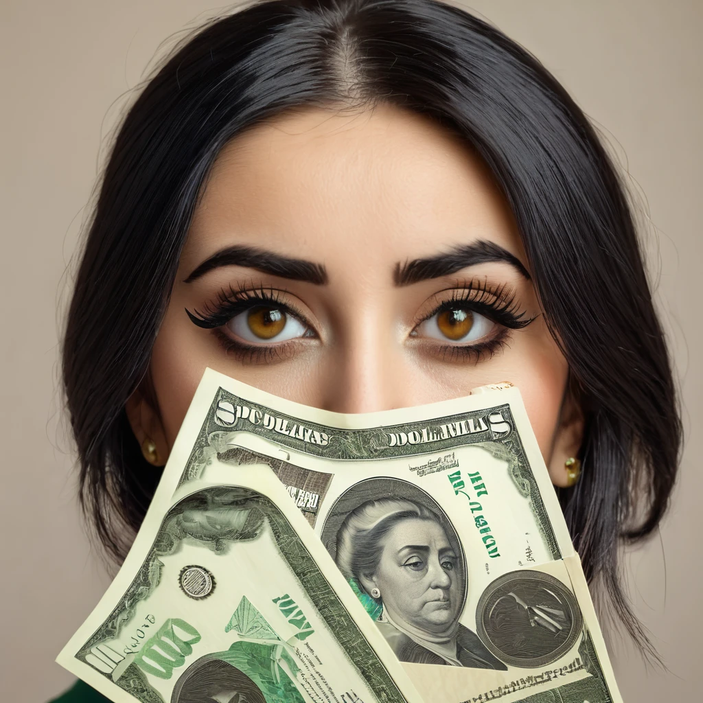 
bearded woman, black hair, brown eyes, eyeliner, counts her tired of dollar bills