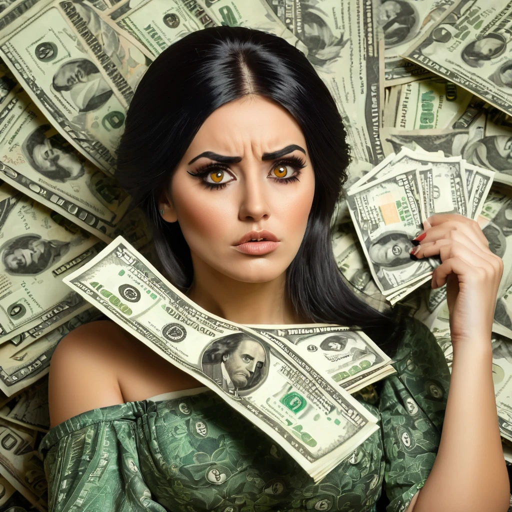 
bearded woman, black hair, brown eyes, eyeliner, counts her tired of dollar bills