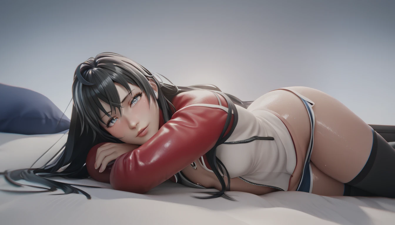 score_9, score_8_up, score_7_up, score_6_up, score_5_up, score_4_up, uncensored, yukinoshita yukino, absurdly long hair, grey eyes, black hair, very long hair, horny face, blush face, lips, naughty face, shiny skin, sweating, steaming body, curvy, voluptuous, heavy breathing, (small breasts:1.3), detailed body, detailed eyes, 1girl, solo, looking_at_viewer, lying, pantyhose, black_legwear, shorts, jacket, long_sleeves, breasts, on_stomach,
