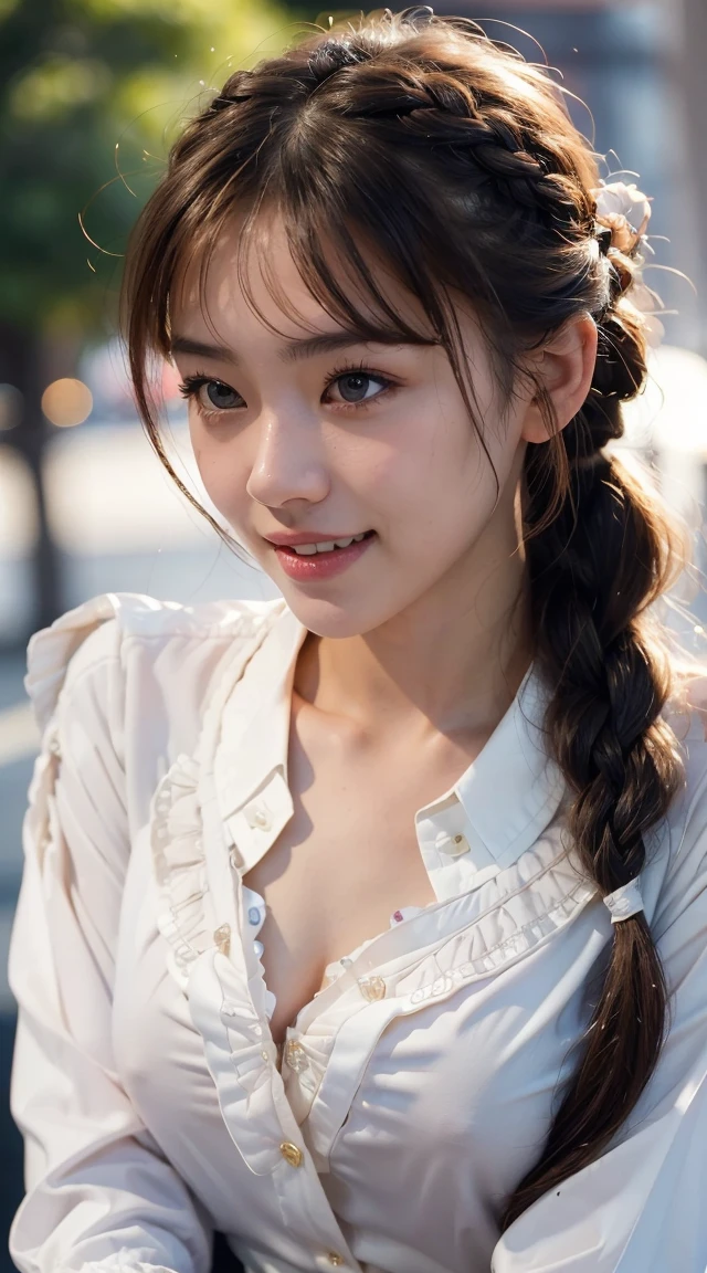 Highest quality, Realistic, 1peopleの女の子, woman,(Skin Dentition), (nude),Mid-chest, (bright), (Professional Lighting, Bokeh), (street), people々, crowd, Braided bangs, (blouse:1.5), (I wore:0.8), nice, bloom, Floating Hair, (Dynamic pose:0.6) , Soft lighting, ,((( She is being made to cum)))