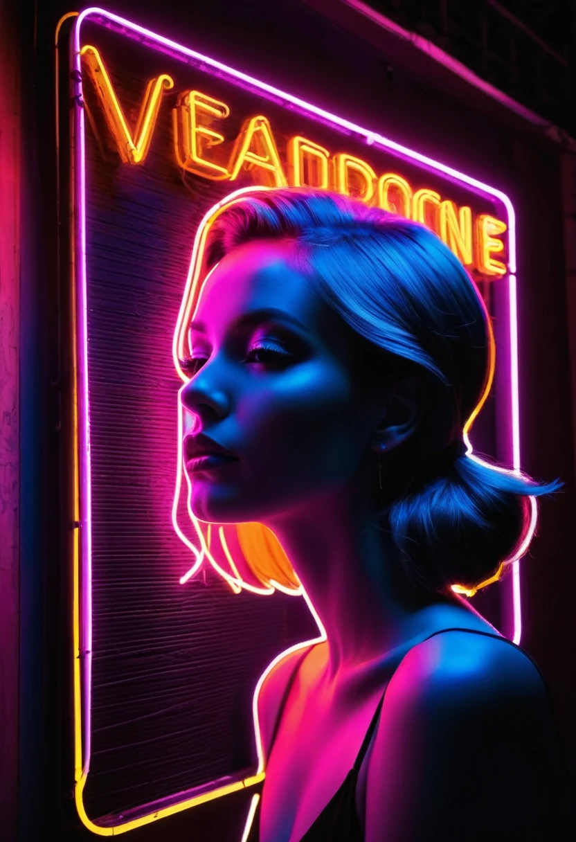 Side face silhouette,Shadow of beautiful woman under neon sign,Huge neon signboard,(Neon sign with text:1.5)