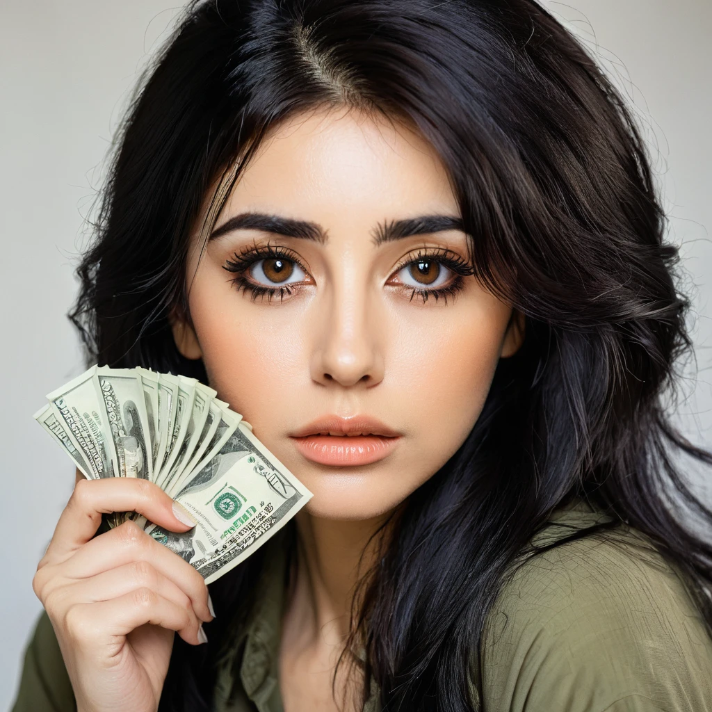 bearded woman, black hair, brown eyes, eyeliner, counts her tired of dollar bills
