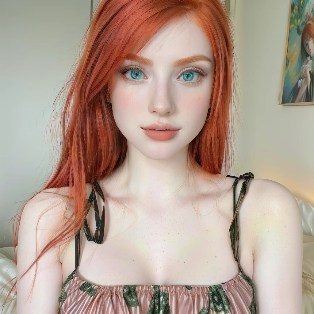 there is a woman with red hair and blue eyes posing for a picture, amouranth, better known as amouranth, young beautiful amouranth, redhead girl, with pale skin, red head, smooth red skin, with red hair and green eyes, very very realistic, very very very realistic, brilliantly colored, very realistic looking, very realistic