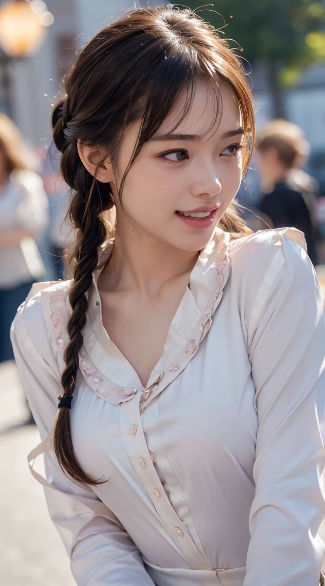 Highest quality, Realistic, 1peopleの女の子, woman,(Skin Dentition), ((nude)),Mid-chest, (bright), (Professional Lighting, Bokeh), (street), people々, crowd, Braided bangs, (blouse:1.5), (I wore:0.8), nice, bloom, Floating Hair, (Dynamic pose:0.6) , Soft lighting, ,((( She is being made to cum)))