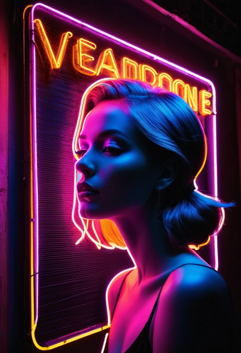 Side face silhouette，Shadow of beautiful woman under neon sign,Huge neon signboard，(Neon sign with text:1.5)

