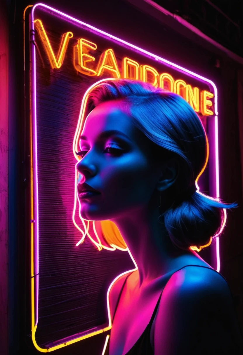 Side face silhouette，Shadow of beautiful woman under neon sign,Huge neon signboard，(Neon sign with text:1.5)
