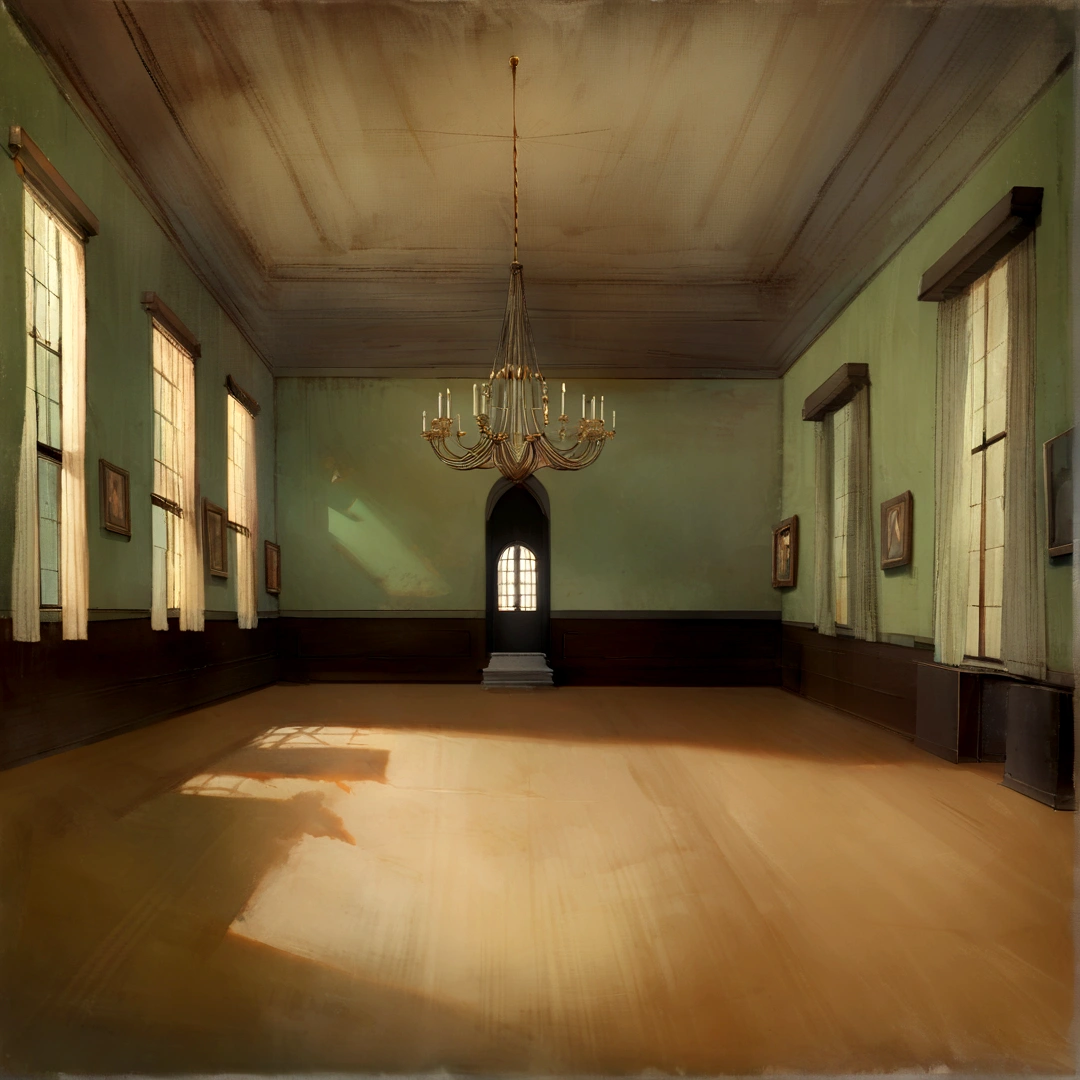painting of a room with a chandelier and a chandelier in the middle, in a large hall, painting of a room, inspired by Leonaert Bramer, by Genevieve Springston Lynch, inspired by Sydney Prior Hall, inspired by Rick Amor, large hall, inspired by George Benjamin Luks, empty room, by Thomas Dalziel, inspired by Wilhelm Hammershøi