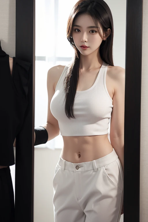 sherry garena undawn, looking in the mirror showing off her slim stomach muscles, wearing black trousers, white tank top, 8k, very beautiful, black hair,