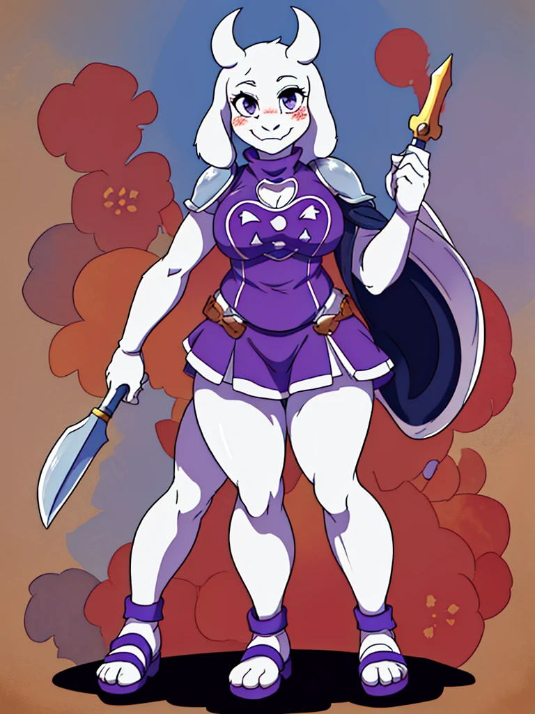 toriel, 1girl, furry, furry_female, goat_ears, goat_girl, smile, solo, cute, shy, wearing full body plate armor, gladiator skirt, gladiator sandals, humanoid feet, holding a spear, nosebleed,bloody nose