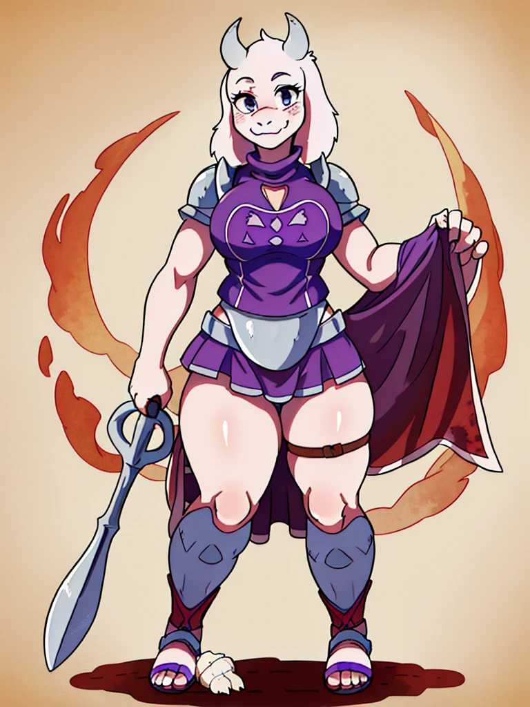 toriel, 1girl, furry, furry_female, goat_ears, goat_girl, smile, solo, cute, shy, wearing full body plate armor, gladiator skirt, gladiator sandals, humanoid feet, holding a spear, nosebleed,bloody nose