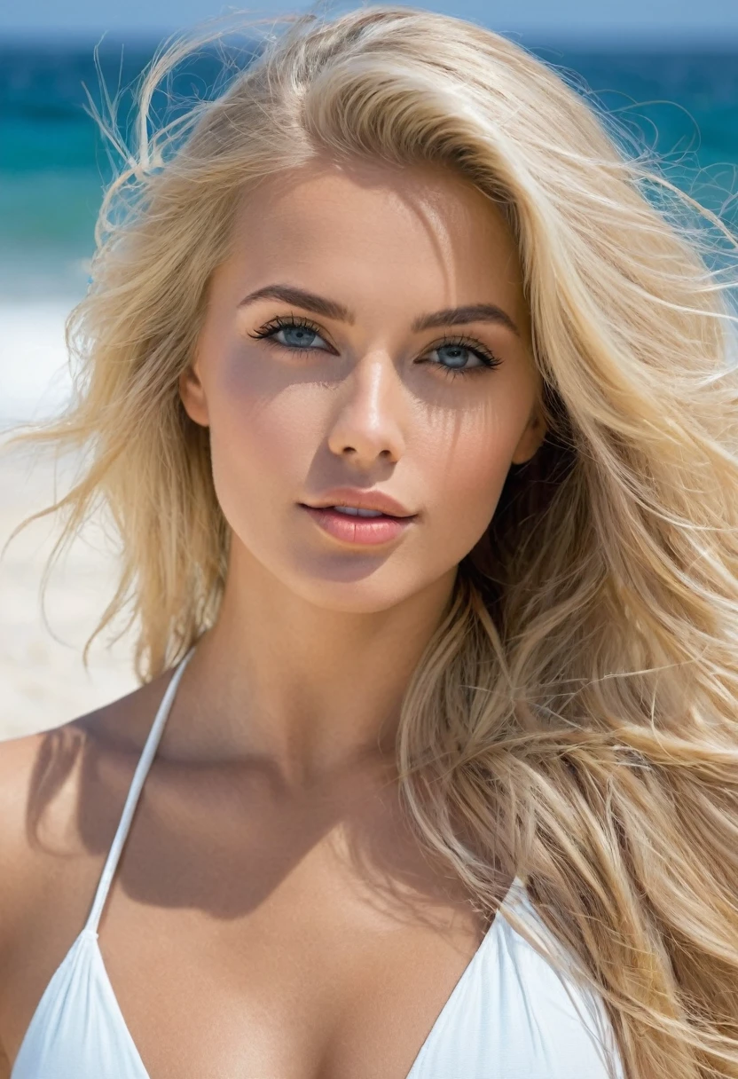 Belle femme posant sur la plage, beautiful blond girl, blond goddess, a gorgeous blond, grâce alexa, blond hair , beautiful blond woman, long blond hair , beauté à couper le souffle, blond girl, une beauté à couper le souffle, visage extrêmement beau, a girl with blond hair, blond, visage parfait ), modèle instagram bikini sexy