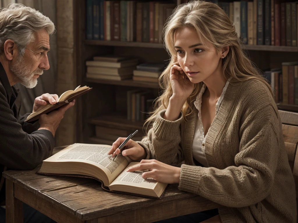 ((realism)), extremely high quality RAW photograph, Detailed background, complicated, messy hair, Beautiful details and textures, Highly detailed, A woman is sitting and reading an old book, and (a man is walking away from her)