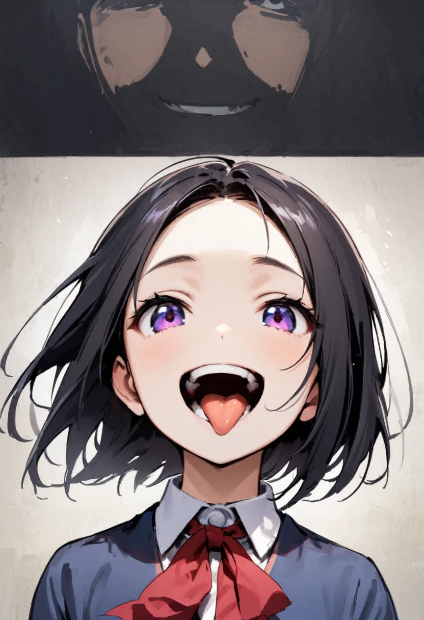 shoot from below、alone、headshot、Sticking out tongue、Open your mouth wide、teeth、Close-up of face、primary school、School building、In the classroom、forehead、shoulder cut tops、Private Server、Girl、Girl、Short、Younger、Lower school year、Baby Face、flat chest、smile
