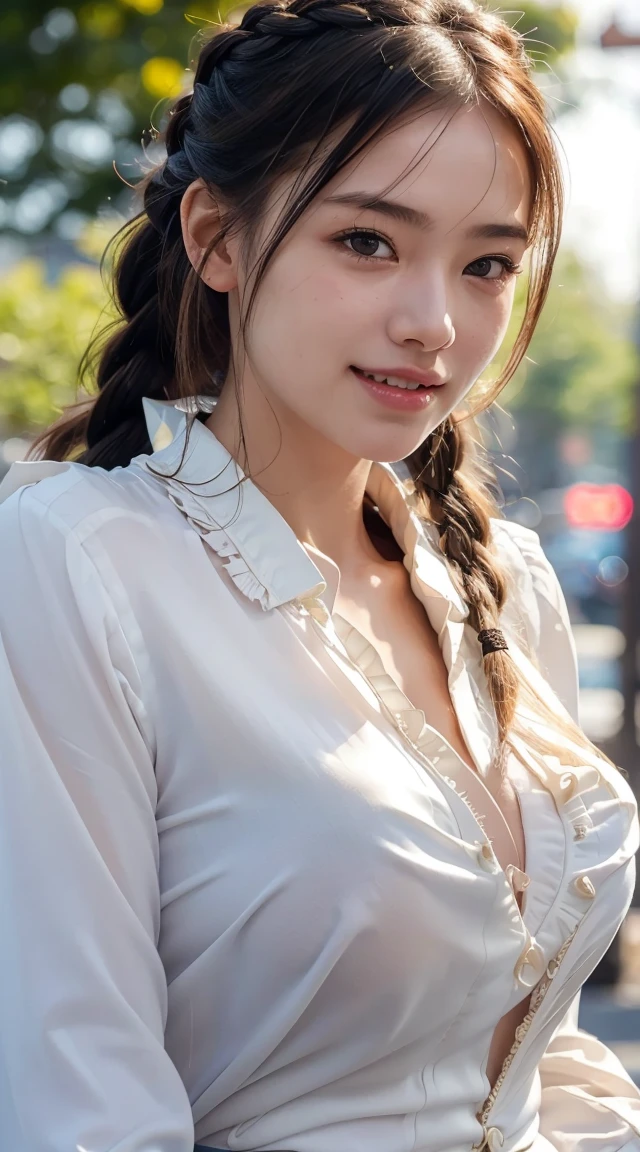 Highest quality, Realistic, 1peopleの女の子, woman,(Skin Dentition), nude,Mid-chest, (bright), (Professional Lighting, Bokeh), (street), people々, crowd, Braided bangs, (blouse:1.5), (I wore:0.8), nice, bloom, Floating Hair, (Dynamic pose:0.6) , Soft lighting, ,((( She is being made to cum)))