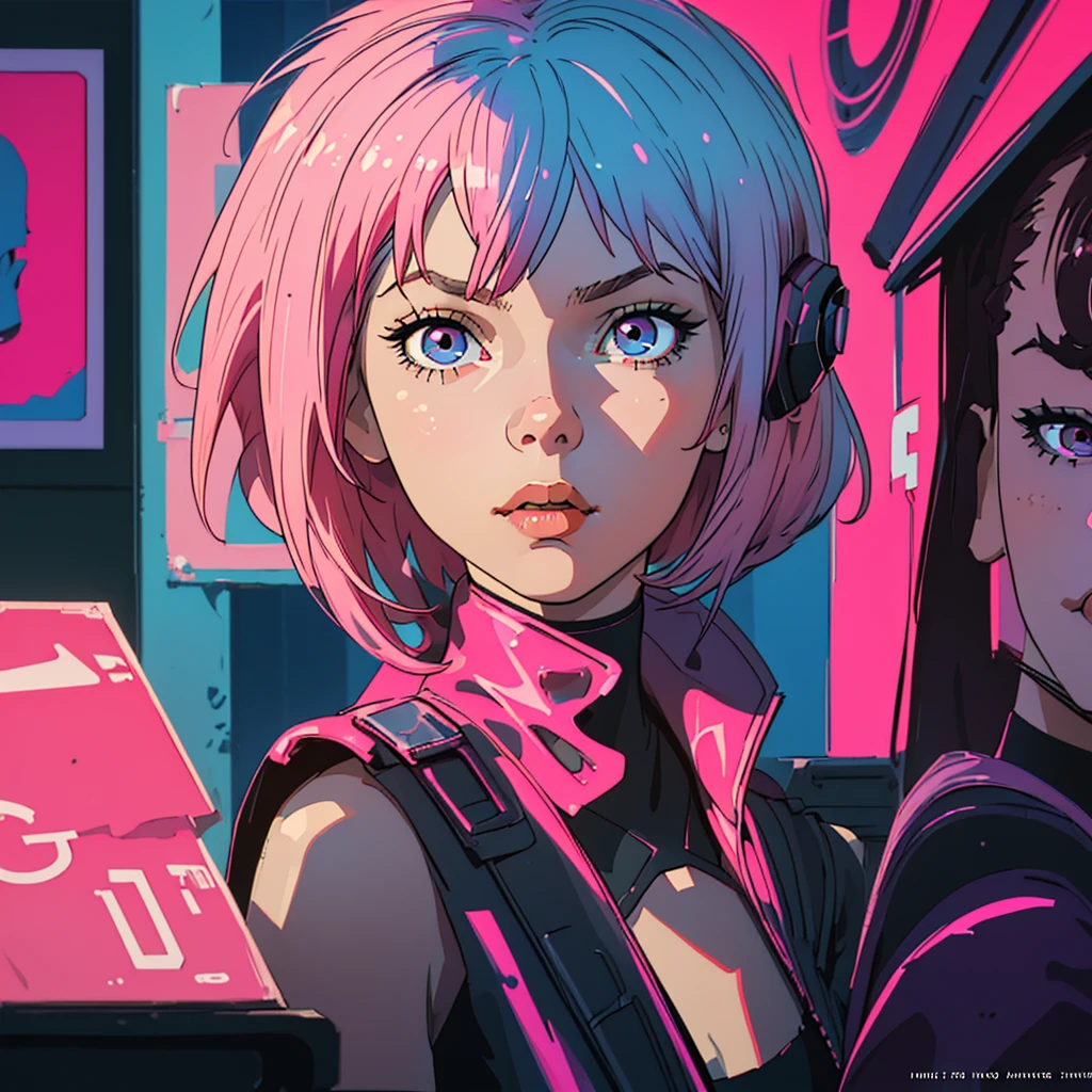 (best qualityer, work of art), 1 girl,short pink hair, 1980s \(styled cyber punk\), gazing at viewer, posters \(styled\), trunk,