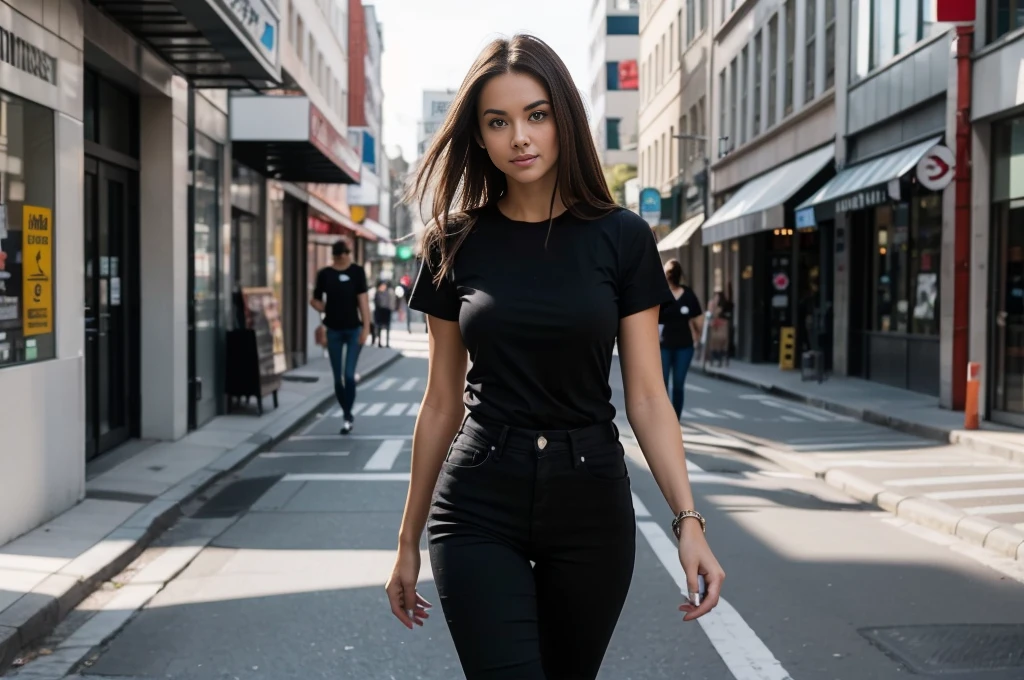 full figure photograph of a serious fitted slim female model, 30 years old, long brown hair, brown eyes, wearing a black t-shirt and black jeans, she is walking in a city street , showing V-sign with here fingers