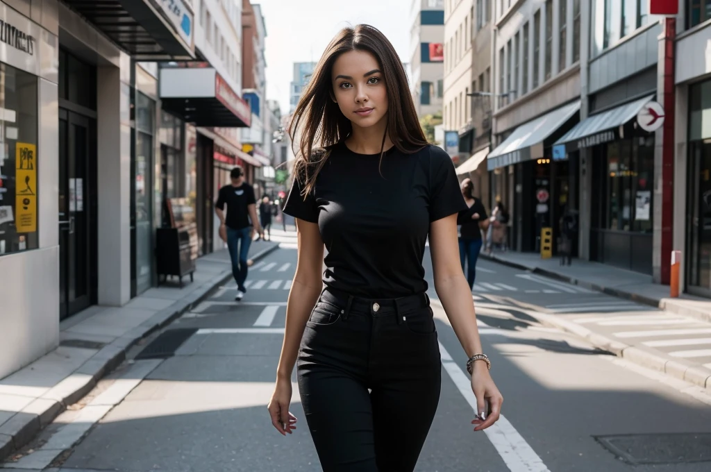 full figure photograph of a serious fitted slim female model, 30 years old, long brown hair, brown eyes, wearing a black t-shirt and black jeans, she is walking in a city street , showing V-sign with here fingers