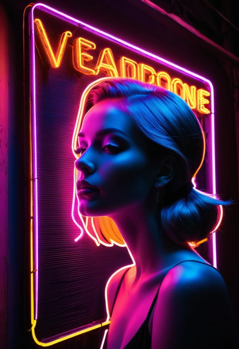 Side face silhouette，Shadow of beautiful woman under neon sign,Huge neon signboard，(Neon sign with text:1.5)
