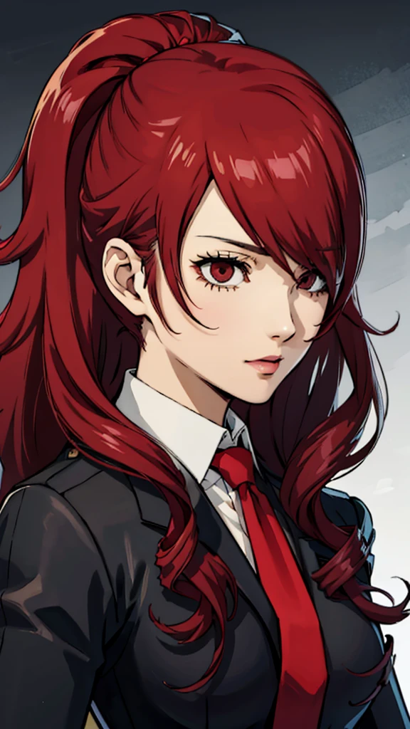 1 female, medium breast, Mitsuru kirijo, face portrait,, black suit black suit, tie, red eyes, long hair, hair over one eye , hair over one eye