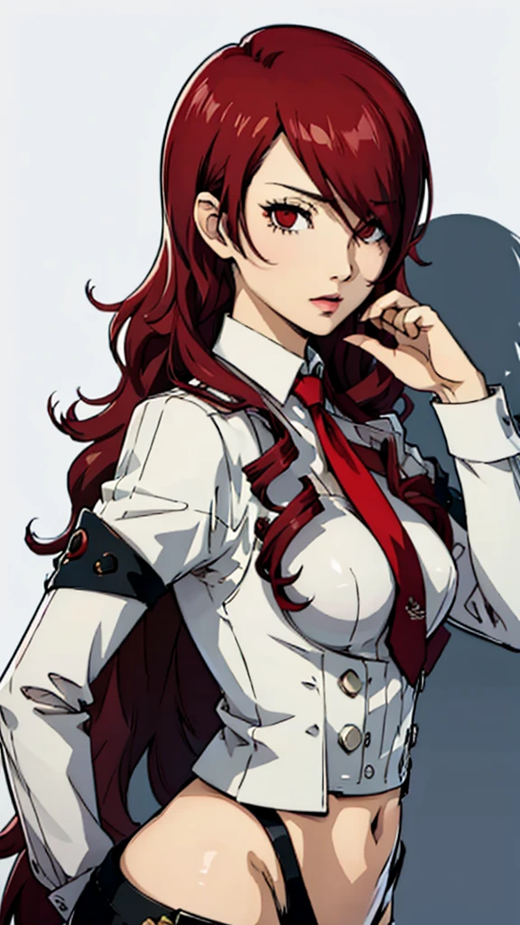 1 female, medium breast, Mitsuru kirijo, face portrait,, black suit black suit, tie, red eyes, long hair, hair over one eye , hair over one eye