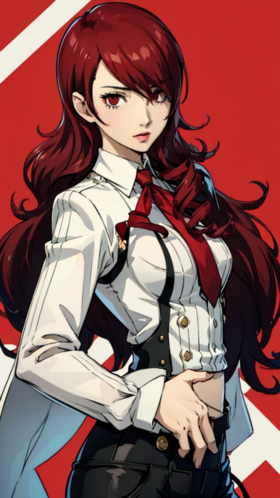 1 female, medium breast, Mitsuru kirijo, face portrait,, black suit black suit, tie, red eyes, long hair, hair over one eye , hair over one eye