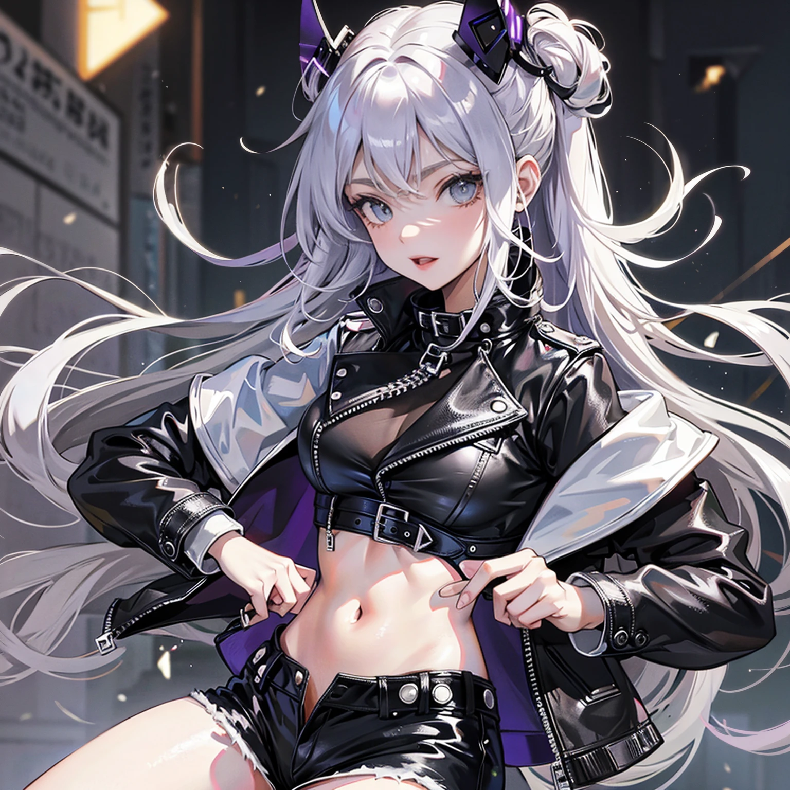 a detective girl , long white hairstyle ,purple leyes, street styles, , ,Black color Leather jacket , crop top , black jean,,adorlable,beautiful face, cold