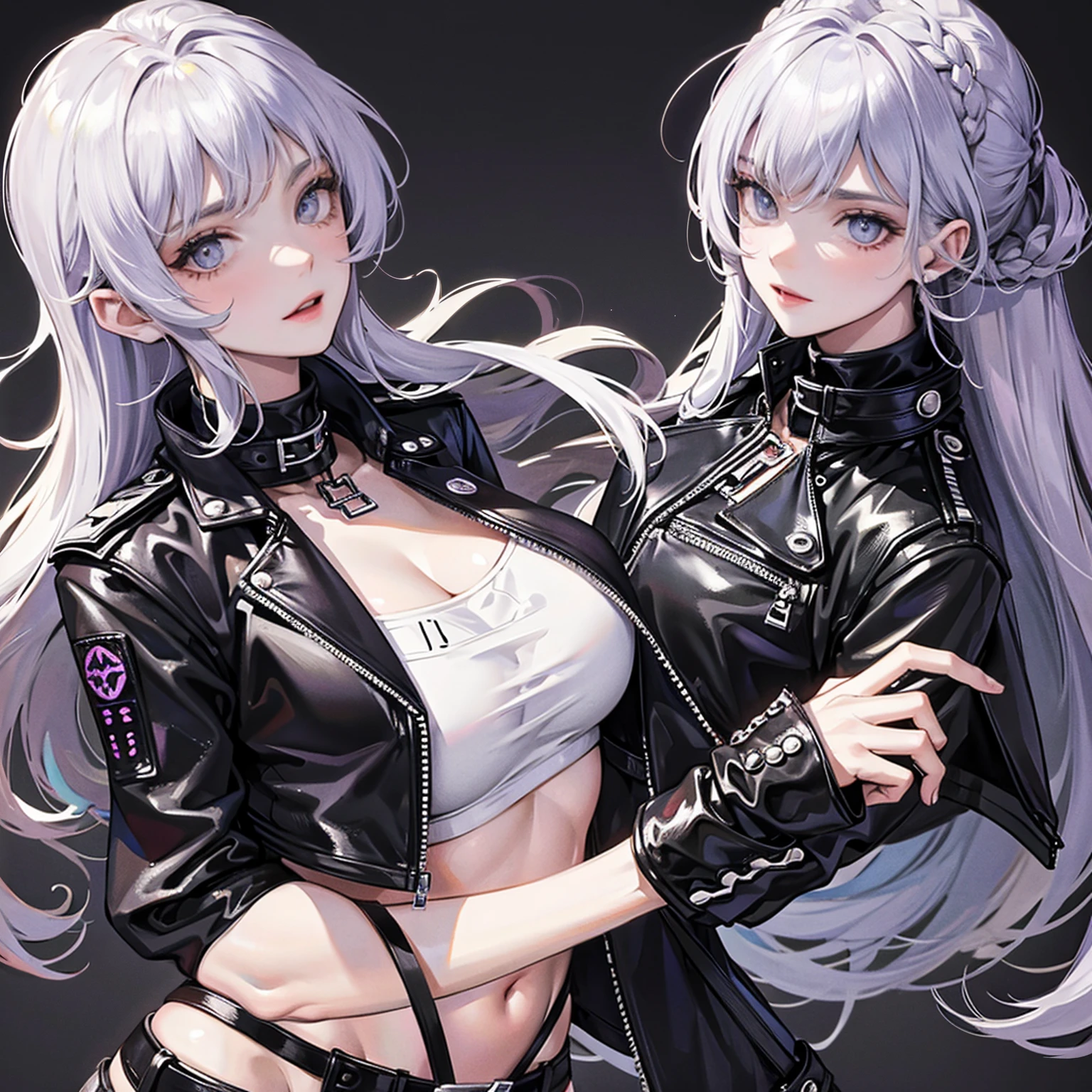 a detective girl , long white hairstyle ,purple leyes, street styles, , ，Black color Leather jacket , crop top , black jean，，adorlable，beautiful face, cold