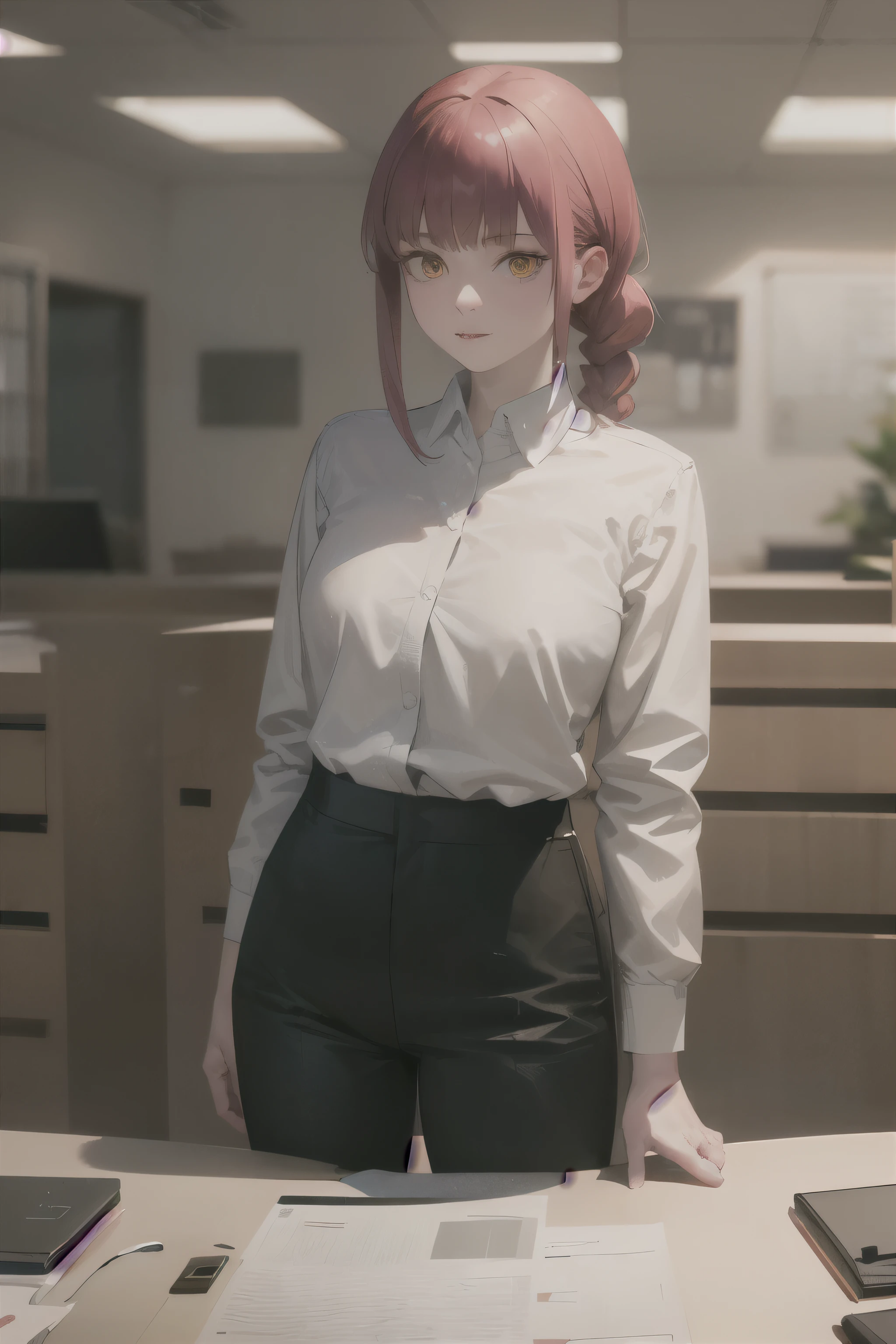 masterpiece, best quality, ultra-detailed, Potrait of beautiful MakimaCSM, solo, shirt, long_sleeves, white_shirt, collared_shirt, pants, from_front, black_pants, formal, suit, shirt_tucked_in, facing_towards you, office_lady, business_suit, high-waist_pants, volumetric lighting, best quality, masterpiece, intricate details, tonemapping, sharp focus, hyper detailed, trending on Artstation,