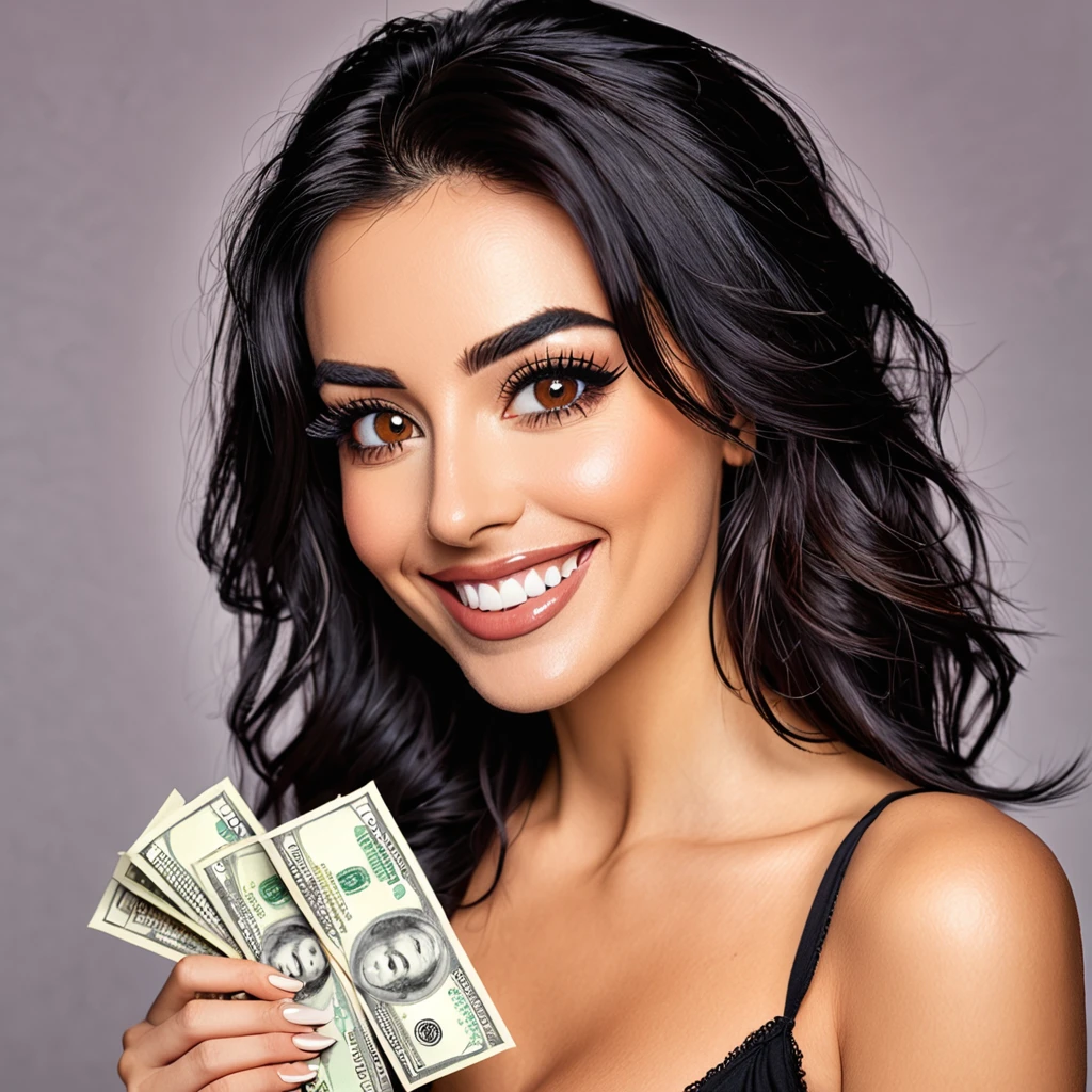 bearded woman beautiful shaggy beard, black hair, brown eyes, eyeliner, proud smile, seductive look, hold a load of dollar bills