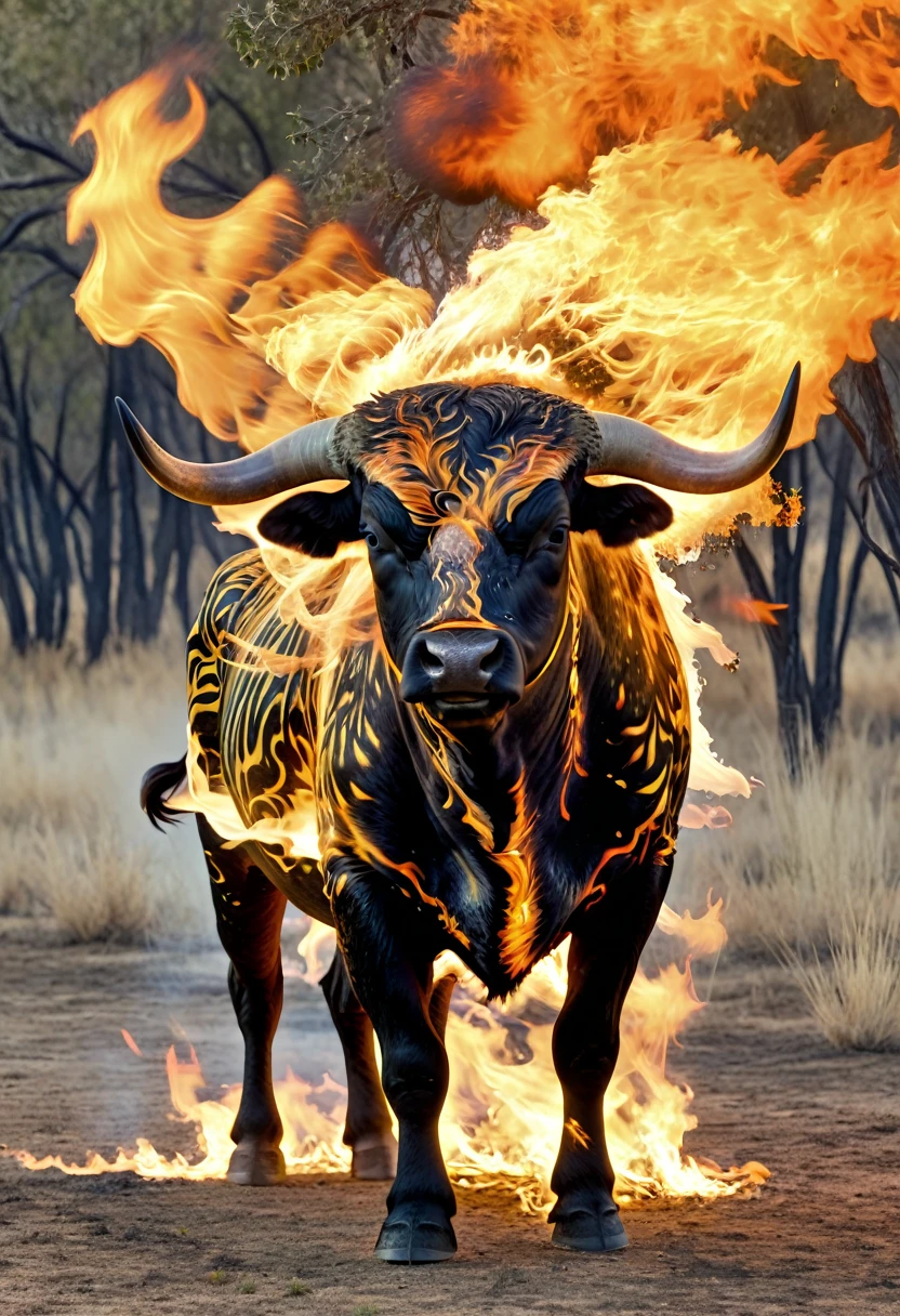 burning bull, 8k, hyper detailed, wildlife photography, ectoplasm
