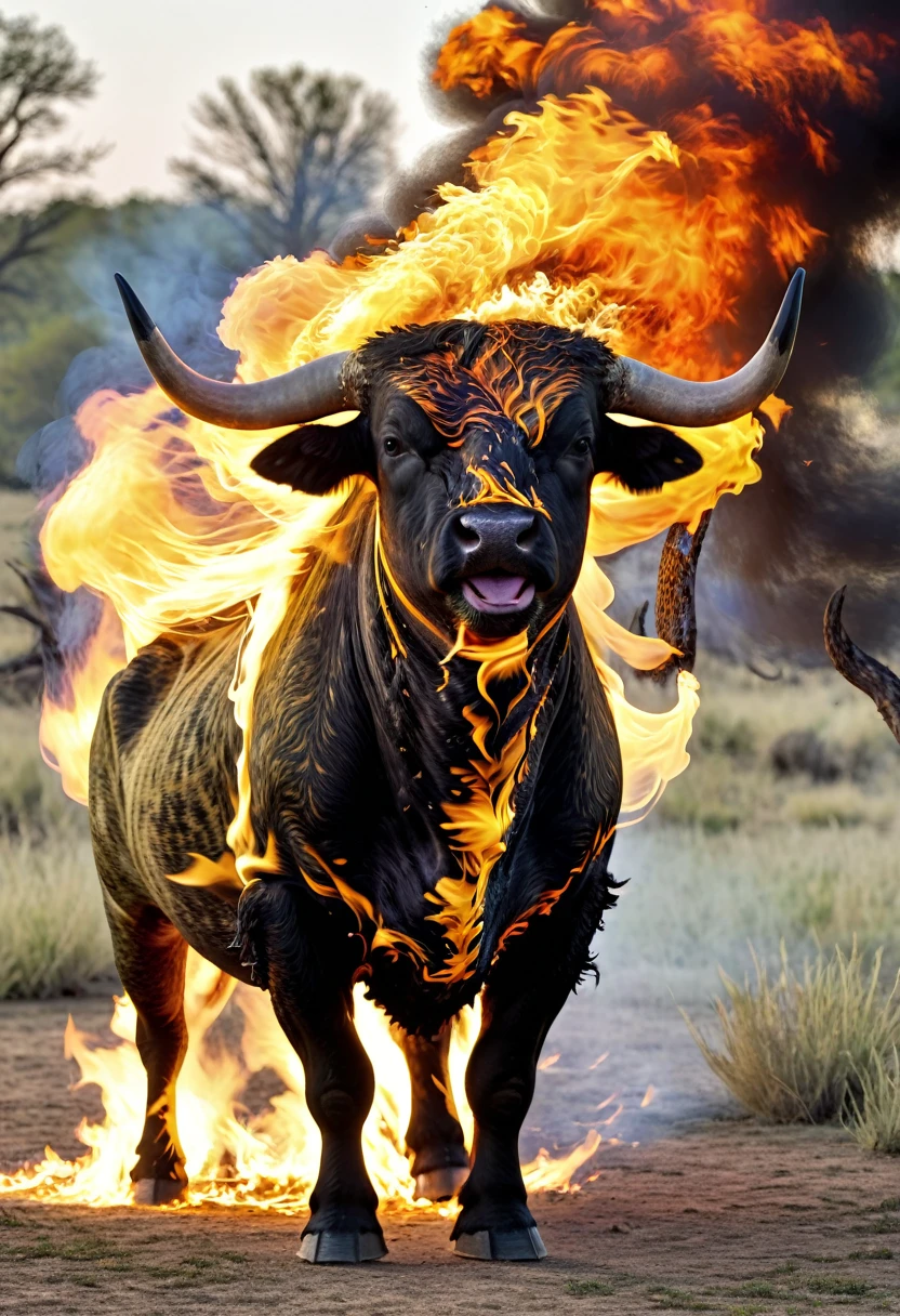 burning bull, 8k, hyper detailed, wildlife photography, ectoplasm