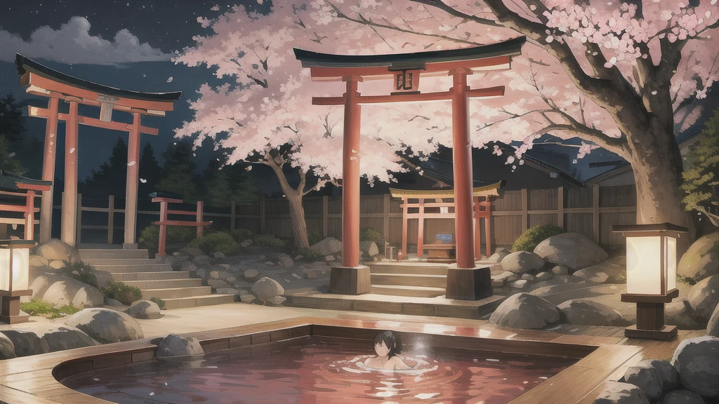 Cute art style, open-air bath, small torii gate, hot spring, evening, cherry blossoms, illustration, background only