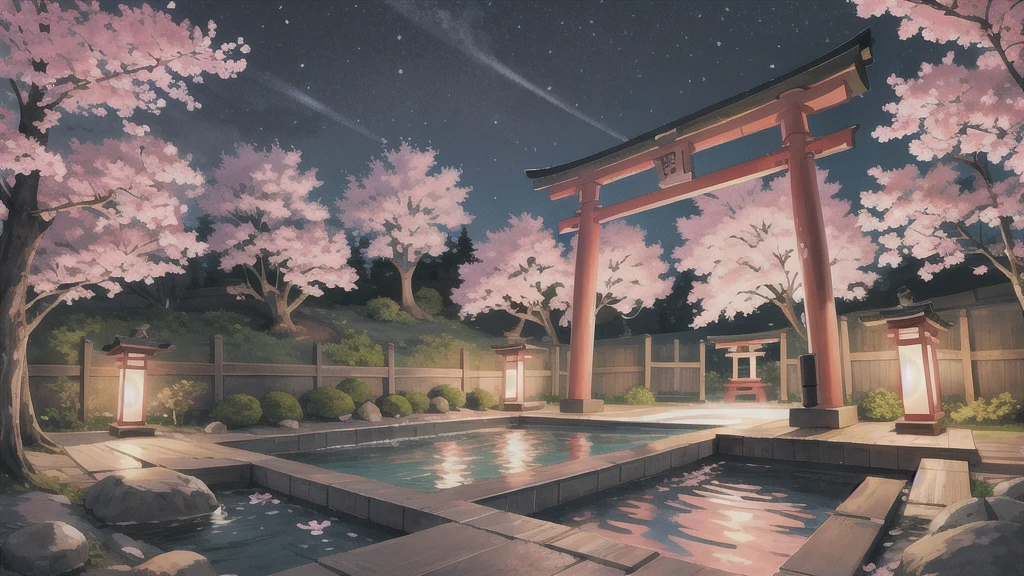 Cute art style, open-air bath, small torii gate, hot spring, evening, cherry blossoms, illustration, background only