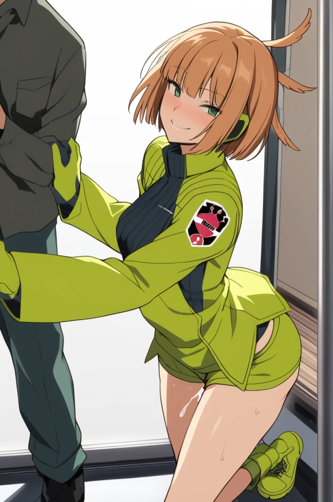 Konami,One girl,smile, View your viewers, Green jacket, gloves, Green shorts,Green footwear, masterpiece,Highest quality,TranT, (train interior), netorare, chikan, grabbing, hetero, pussy juices, molestation, public indecency, public use,faceless male fingering, 2boys, faceless male, assisted exposure,orgasm,cyclone \(for once\)
