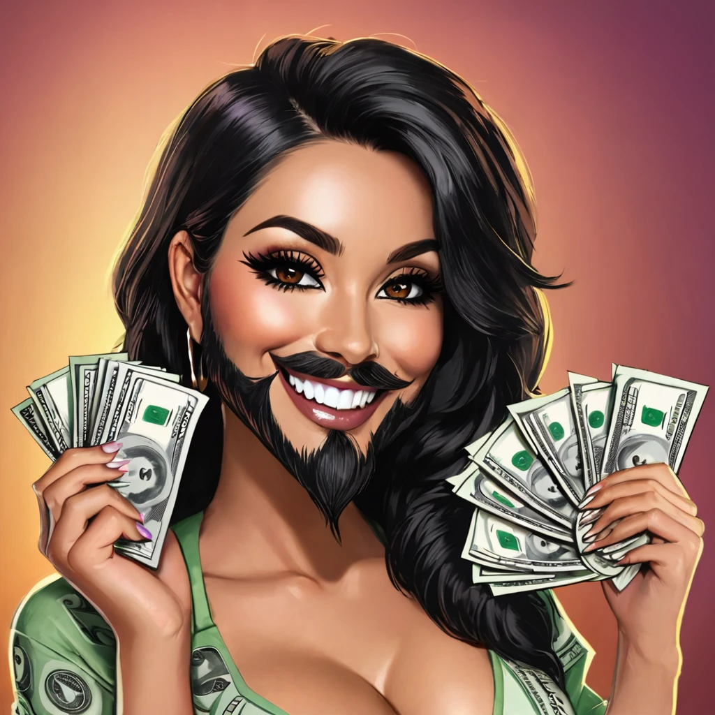 
bearded woman beautiful shaggy beard, black hair, brown eyes, eyeliner, proud smile, seductive look, hold a load of dollar bills