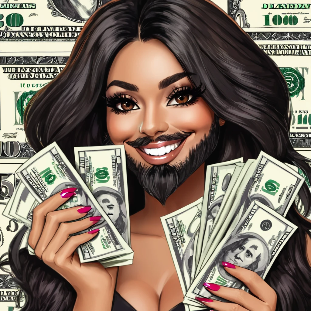 bearded woman beautiful shaggy beard, black hair, brown eyes, eyeliner, proud smile, seductive look, hold a load of dollar bills