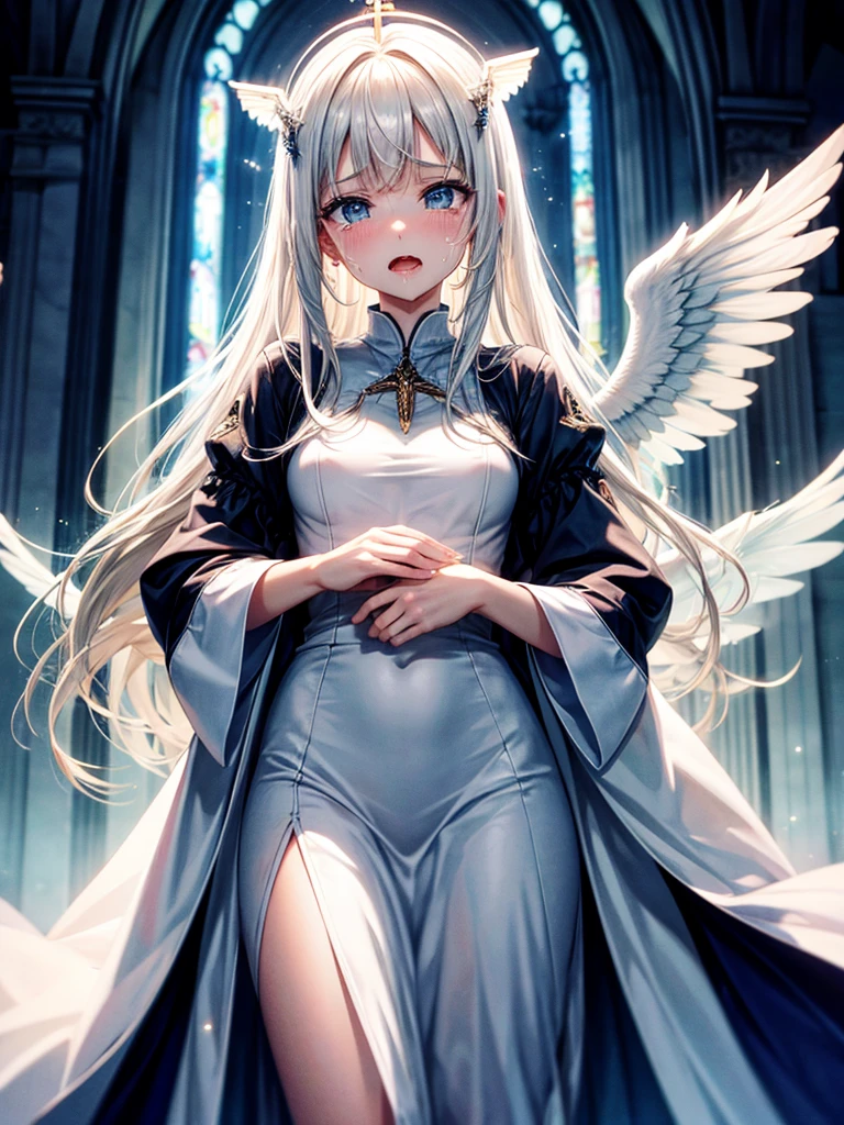 Highest Resolution,Highest quality,１People Girls,beautiful girl,Full body close-up,The body is frontal,looking at the camera,Standing posture,Crying face,Tears,Stringy saliva,Open your mouth,Sticking out tongue,Saliva,Tears overflow,Dripping a lot of saliva,Drooling,Winged Angel,church,Angel halo on head,white,