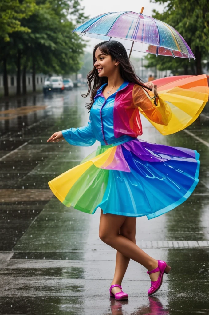 A beautiful girl of glass is dancing in the colourful rain
