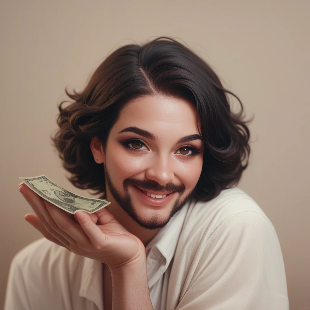 bearded woman beautiful shaggy beard, black hair, brown eyes, eyeliner, proud smile, seductive look, hold a load of dollar bills