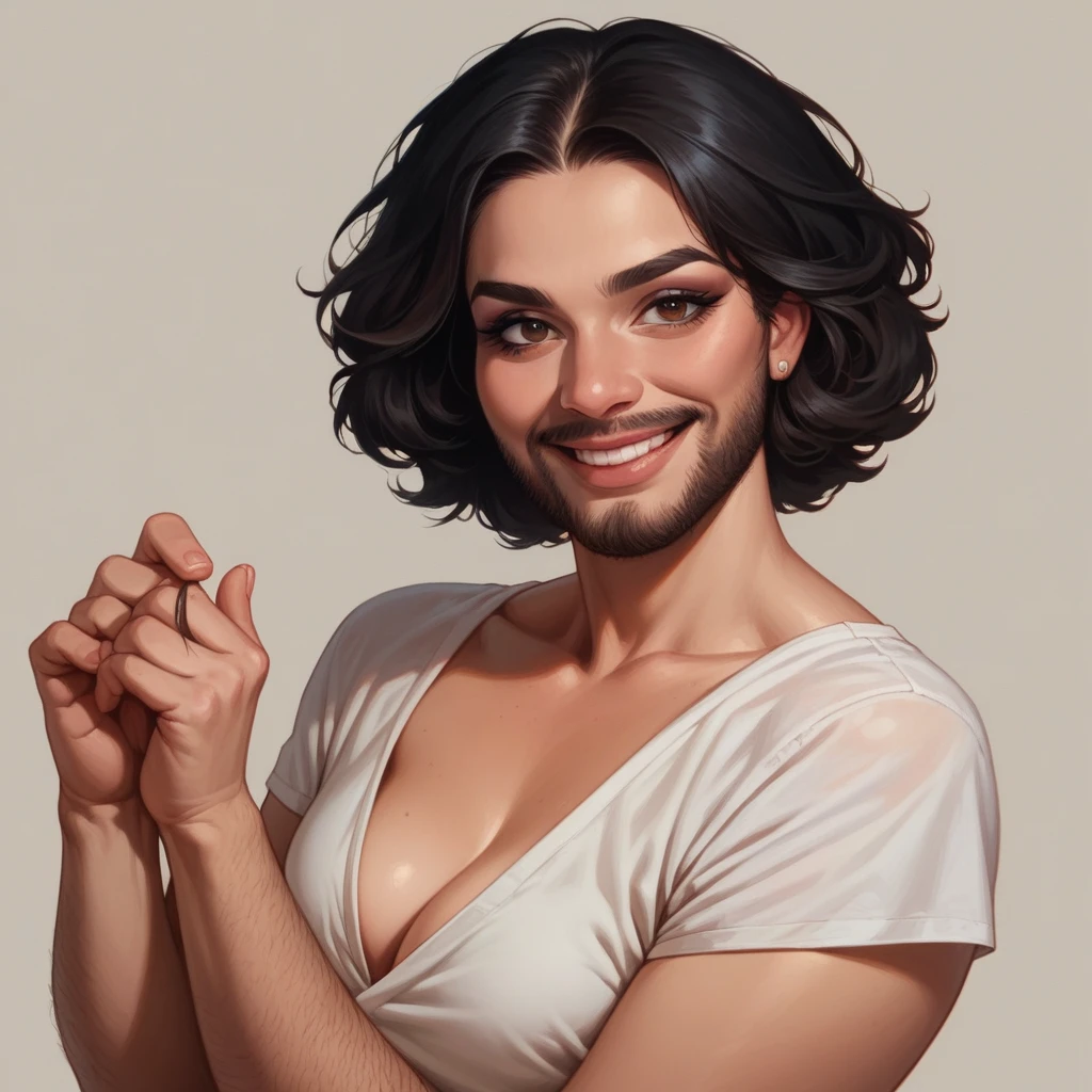 bearded woman beautiful shaggy beard, black hair, brown eyes, eyeliner, proud smile, seductive look, hold a load of dollar bills