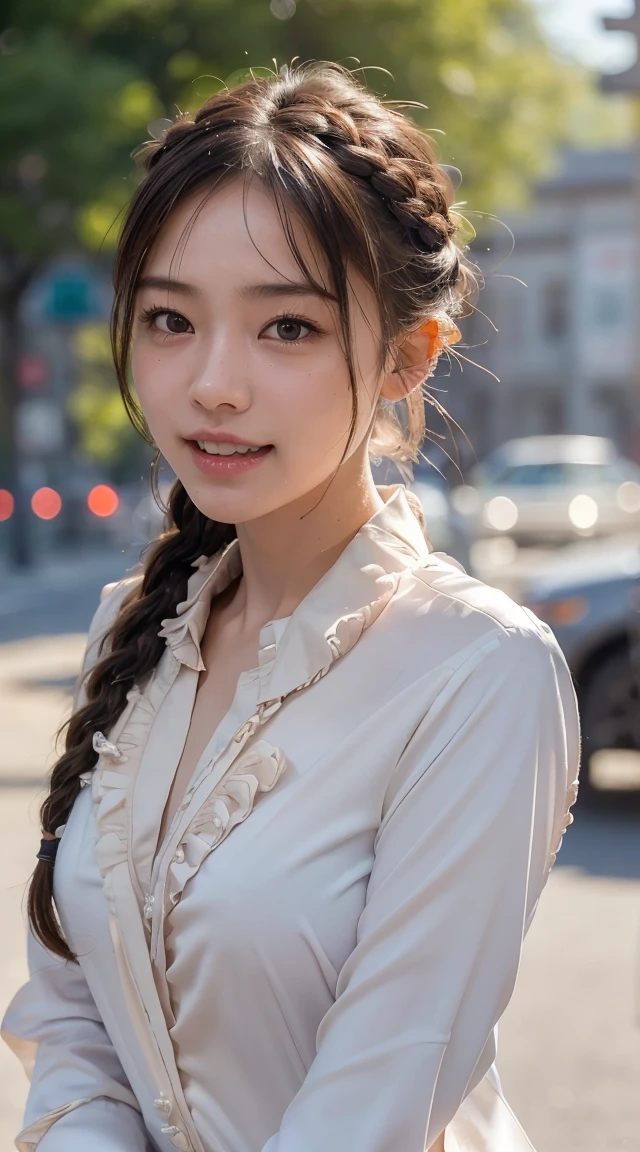 Highest quality, Realistic, 1peopleの女の子, woman,(Skin Dentition),((( nude))),Mid-chest, (bright), (Professional Lighting, Bokeh), (street), people々, crowd, Braided bangs, (blouse:1.5), (I wore:0.8), nice, bloom, Floating Hair, (Dynamic pose:0.6) , Soft lighting, ,((( She is being made to cum)))